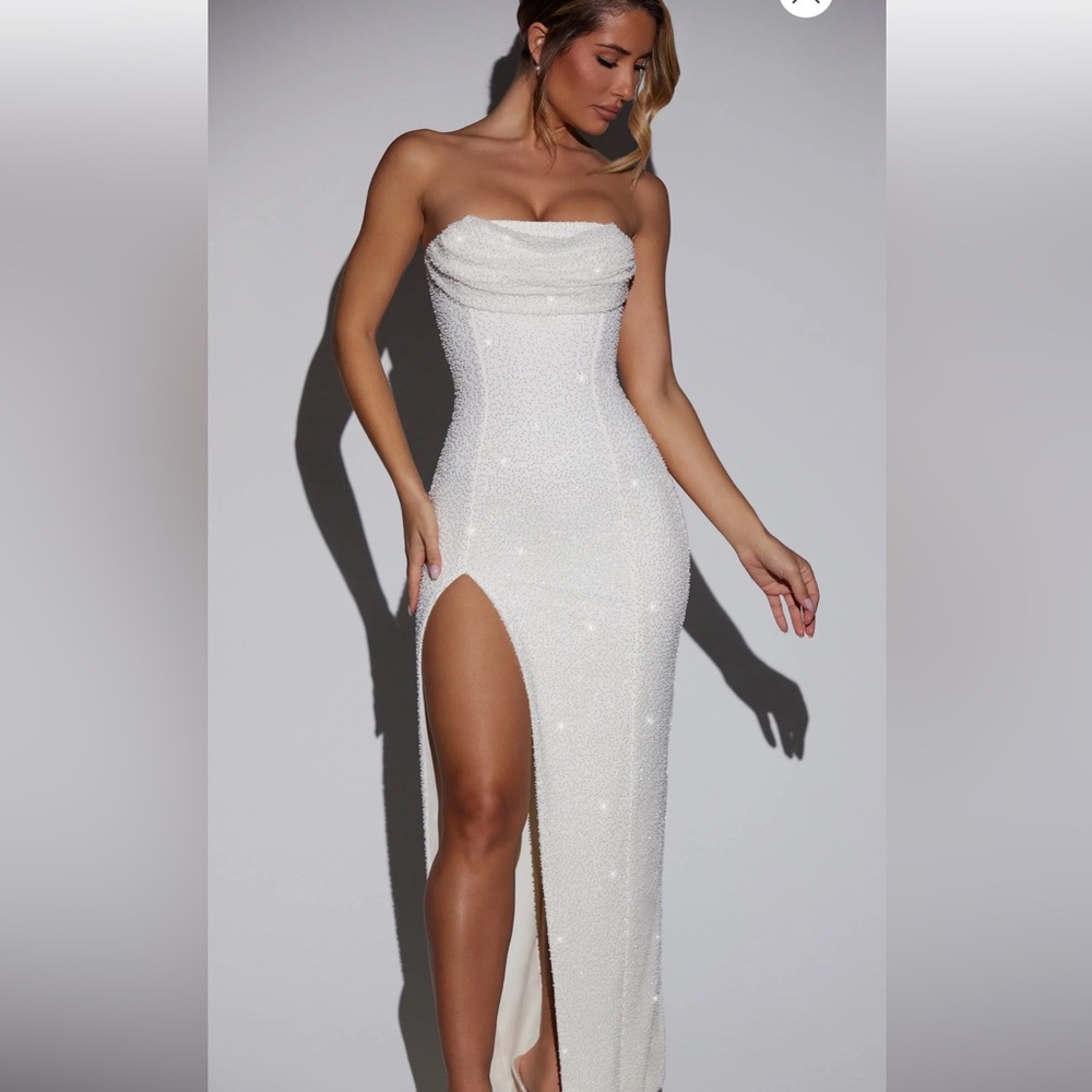 Oh Polly LA ROCHETTE Embellished Bandeau Cowl Neck Maxi Dress in Ivory Worn once